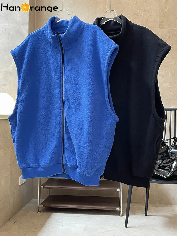 HanOrange 2024 Spring Polar Fleece Stand Collar Vest Women Loose Warm Sports Sleeveless Jacket Top Female Black/Blue