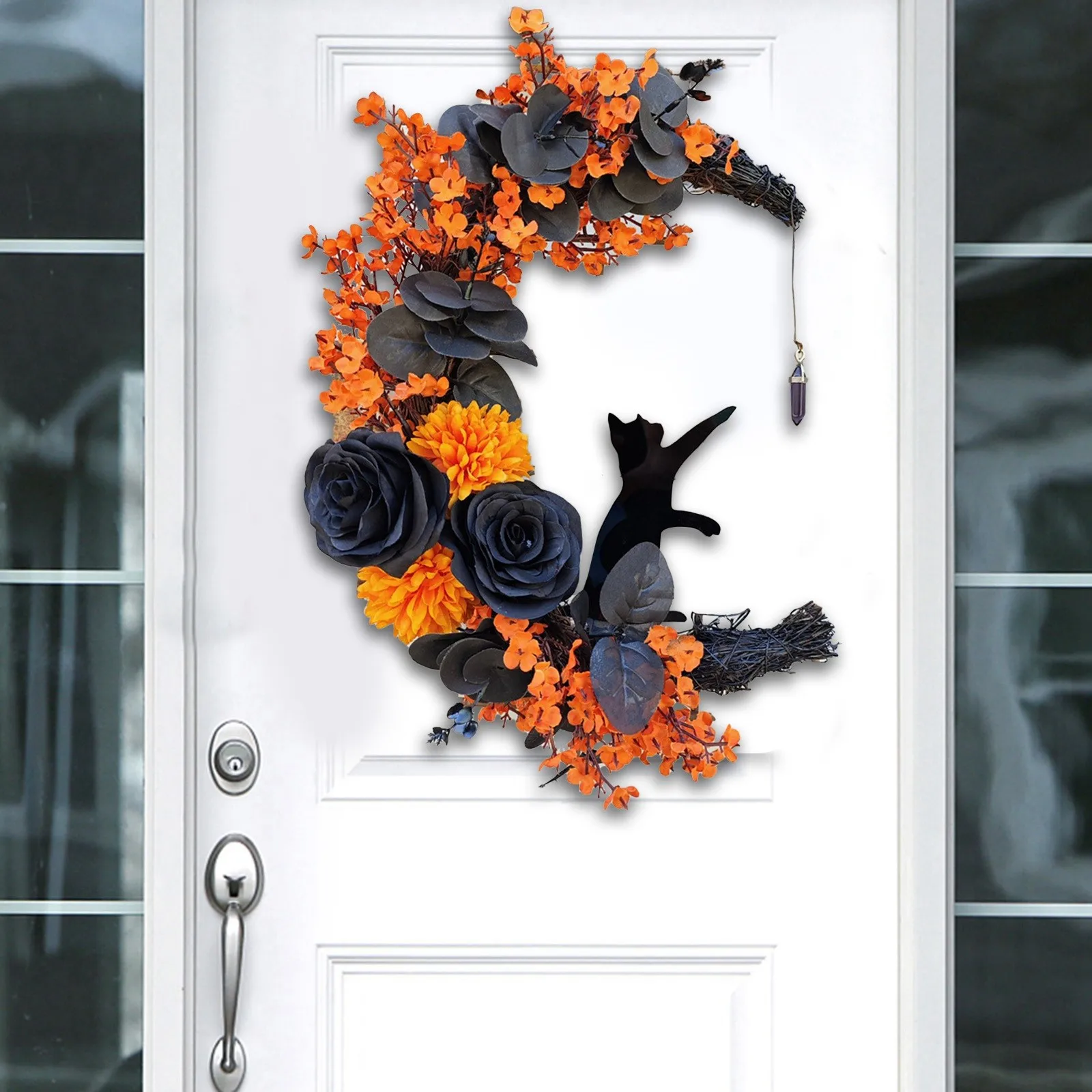 Welcome Sign Garland Moon Goth Cats Ornaments Door Shaped Wreaths Door Decorations Roses Front Halloween Halloween Black Signs