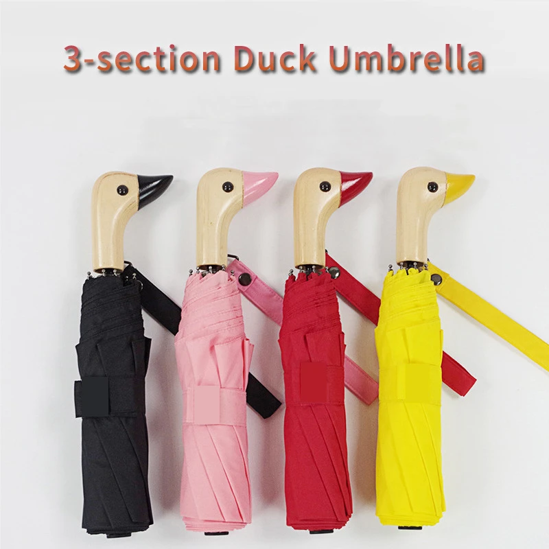 Cute Duck Wooden Handle Umbrellas Folding Automatic Anti-UV Windproof Black Coating Lady Portable Sun Parasol Umbrella Academy