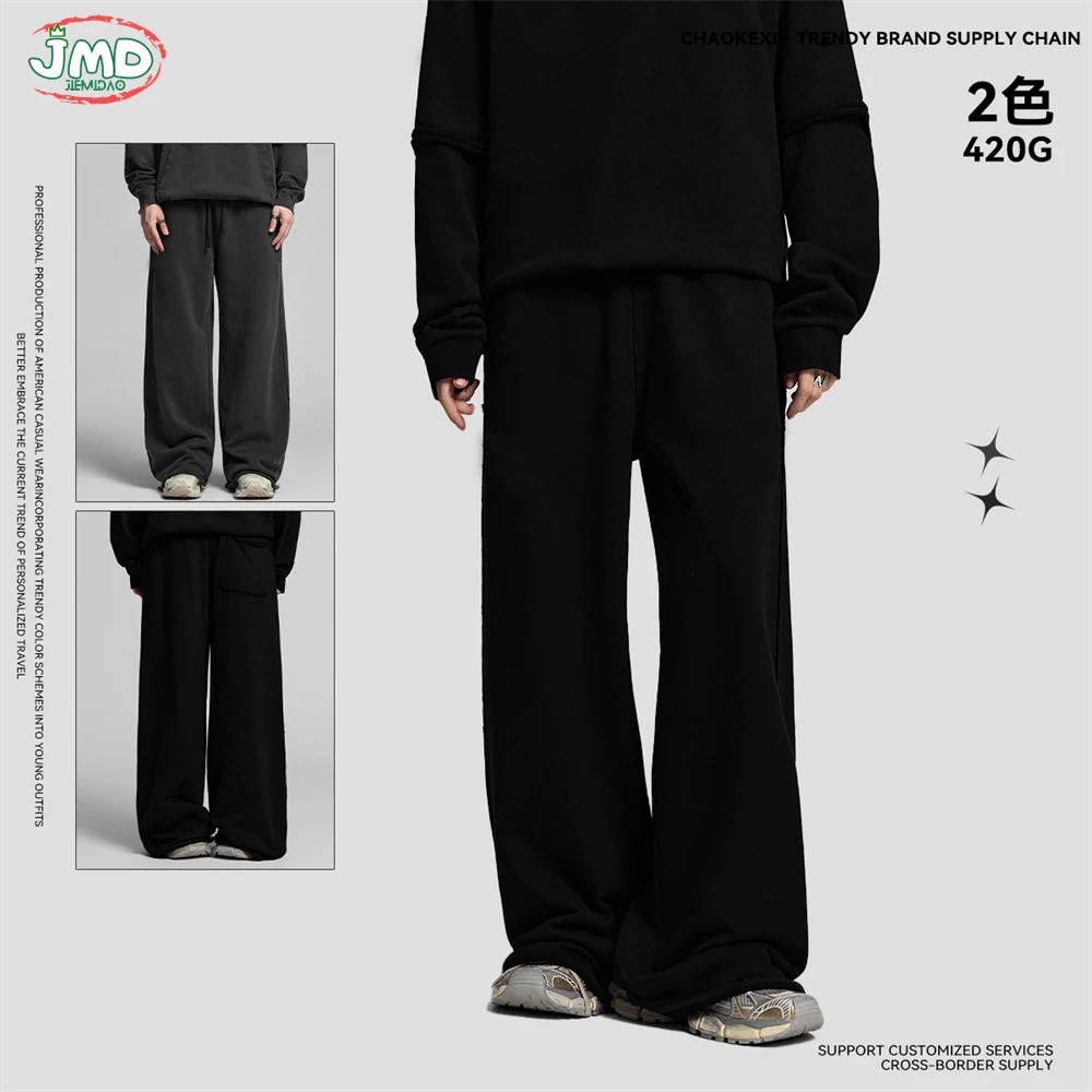JMD Retro 2026 Man 420gsm Washed Straight Pants Unisex Loose Edge Distressed Terry 100% Cotton Trousers Brand Streetwears QH0041