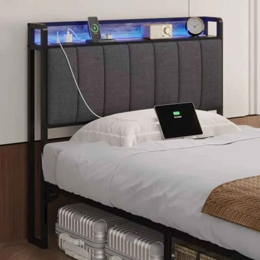 

Size Upholstered Headboard with LED Lights and Charging Station USB and Type C Port Linen Upholstery Headboard Only Height Adju