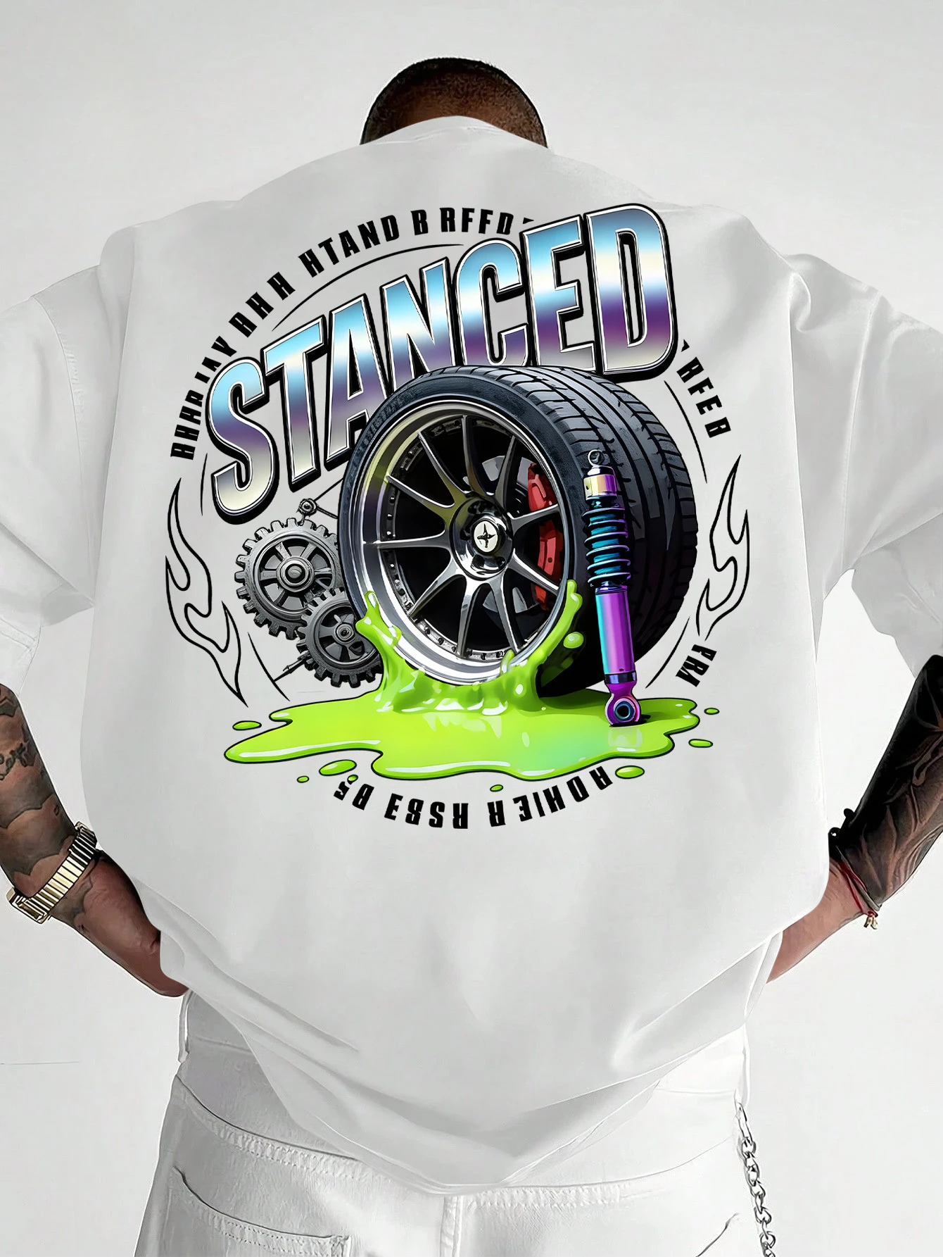 Men's Vintage Japanese Streetwear T-Shirt - Low-Profile Car Wheel Rim Print Short Sleeve Round Neck Tee Suitable for Car