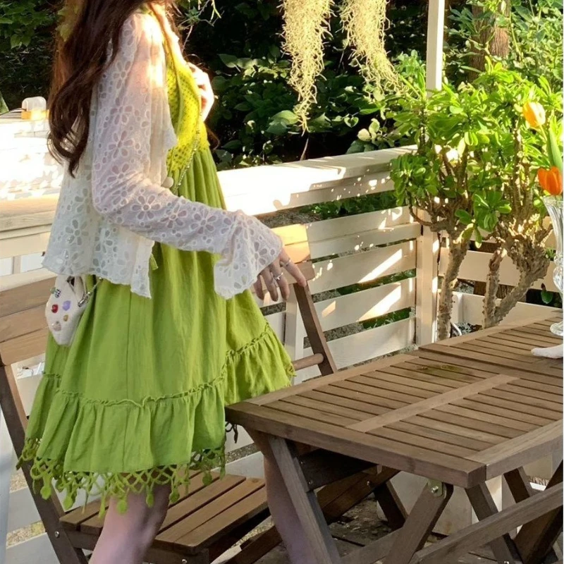 2025 Women's New Summer Suspender Dress Avocado Green Knitted Hollow Draped A-line Dress Fresh and Sweet Seaside Vacation Skirt