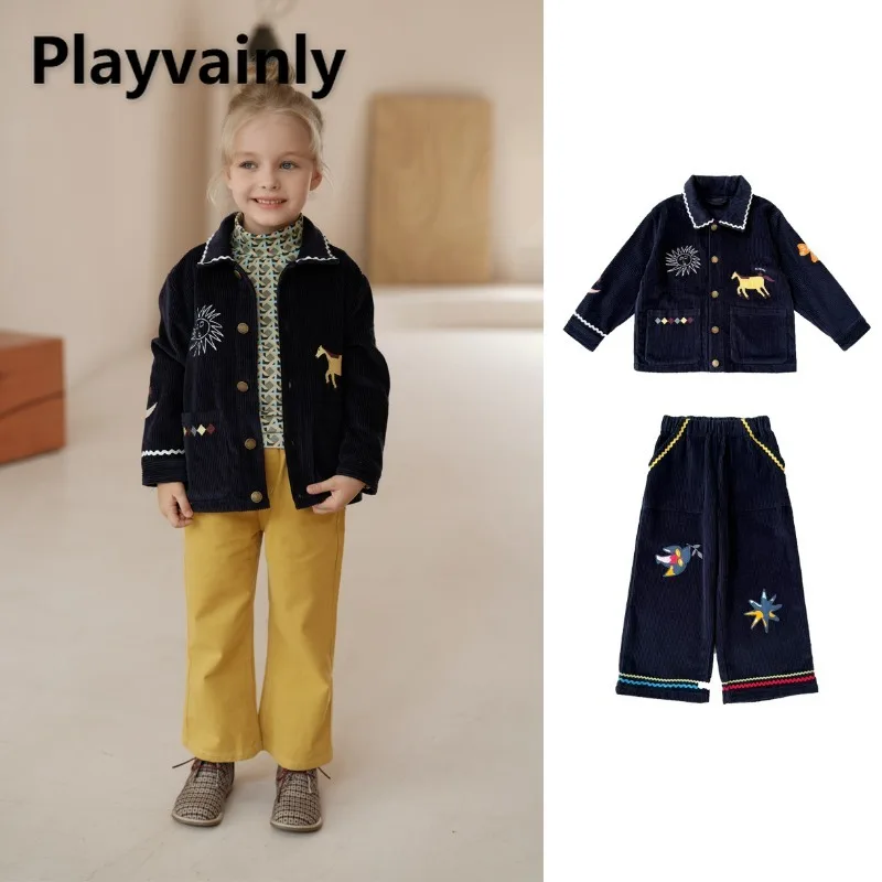 

Детские пальто с вышивкой в стиле ретро, осень-зима, повседневная верхняя одежда с отложным воротником в полоску для мальчиков и девочек, детская одежда A5106