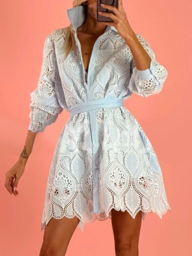 VGH Solid Hollow Out Embroidery Dress For Women Lapel Long Sleeve High Waist Spliced Single Breasted Mini Dresses Female Fashion