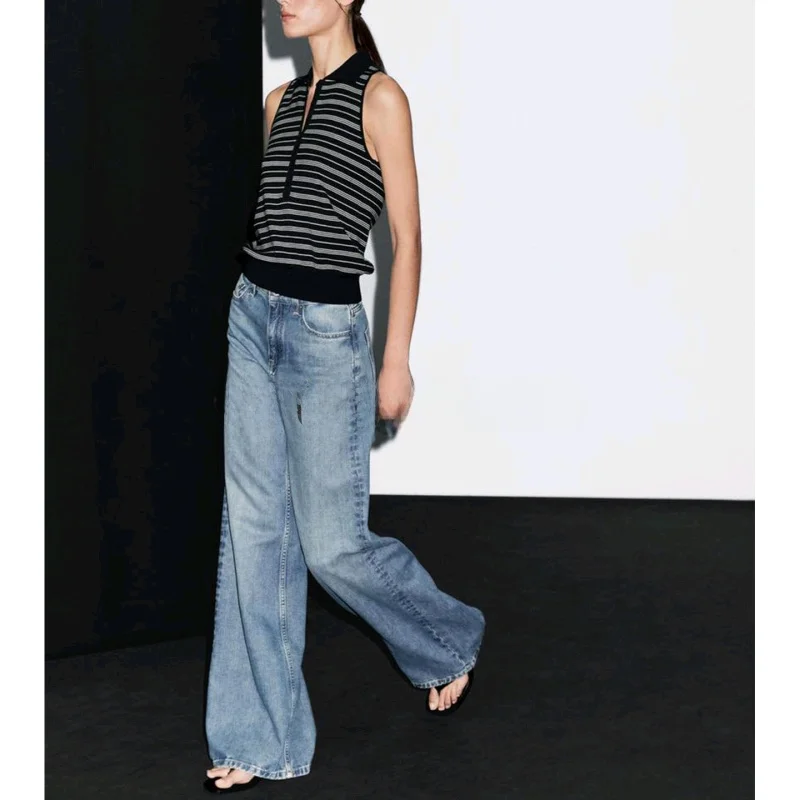 가을 신상 여성용 고지능 센싱 출퇴근용 스트라이프 폴로넥 민소매 티셔츠 탑 캐주얼 스타일 순면 폴리에스터 섬유