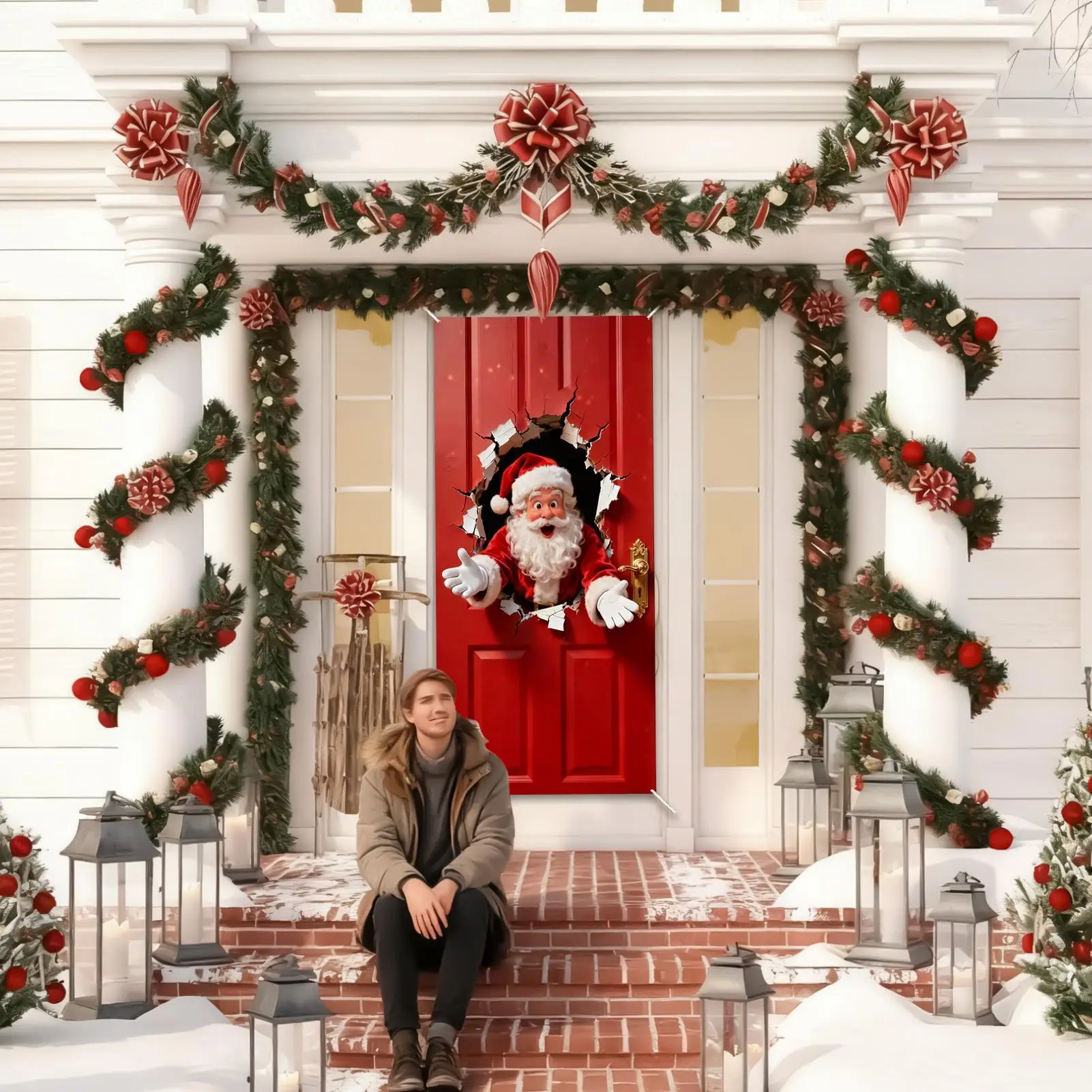 Christmas Door Banners 2D Wall-Breaking Santa Polyester Background Santa Claus Door Banner Cover For Kitchens Bathrooms Bedrooms