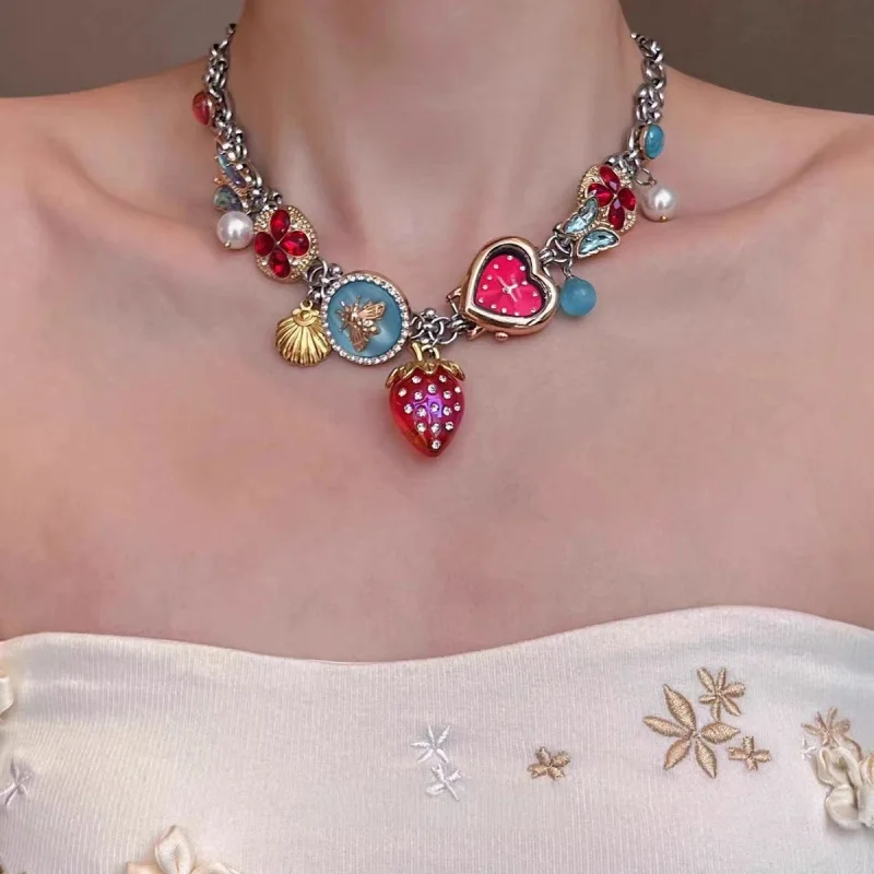 1pcs Fashion Red Blue Strawberry Love Clock Butterfly Necklace