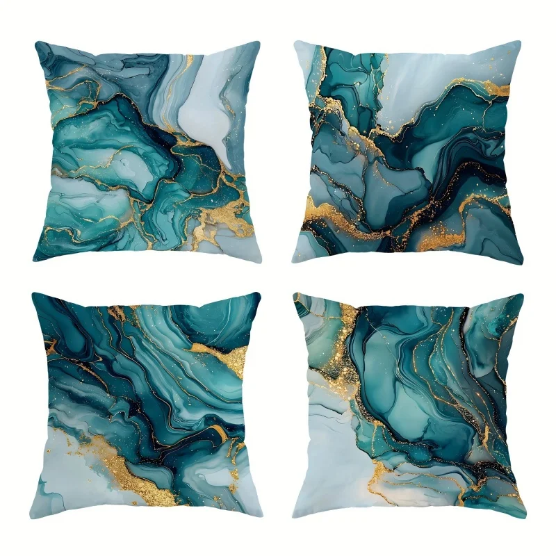 4Pcs Teal Gold Marble Pillow Covers, Fluid Art Cushion Cases with Gold Foil Accents for Sofa Living Room Bedroom Home Decor