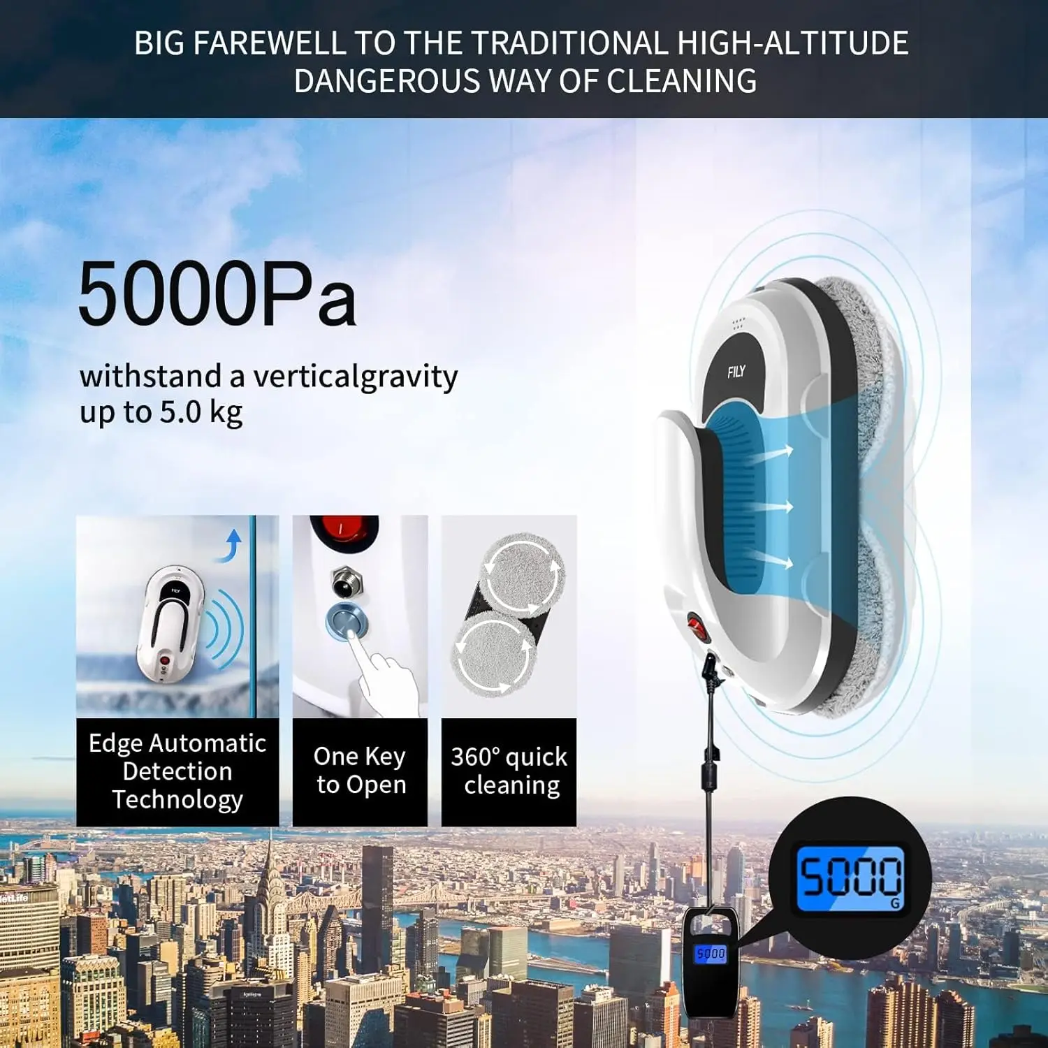 S1PRO Detergente per finestre intelligente, aspirazione 5000PA - Finestre e piastrelle alte per interni/esterni, avvio con un solo tasto, telecomando