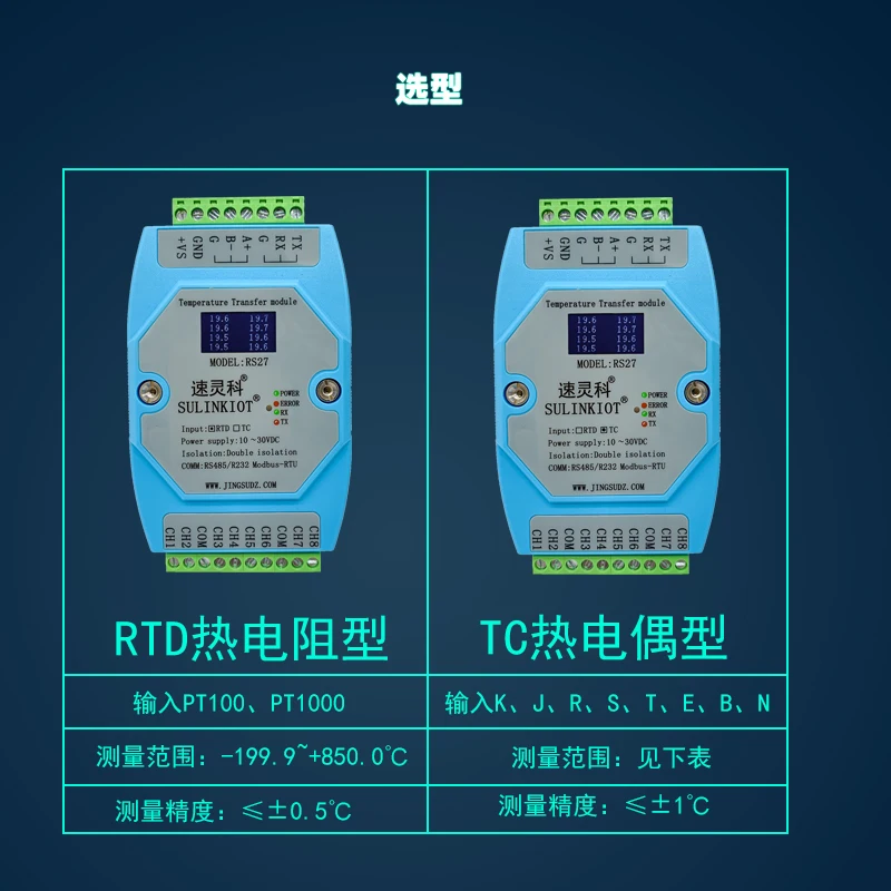 8-way PT100 Thermistor Krjstebn Thermocouple Temperature Transmission Module RS485 / 232 Communication Rs27