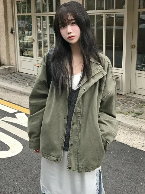 Chic Vintage Workwear Jacket Drawstring Shoulder Drop Collar Stand up Outerwear Women's Fashion Autumn Spring Casual Street S...