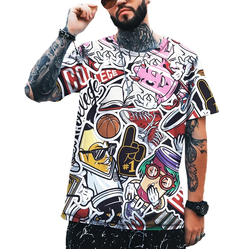 2024 New Men's Fashion Street Hip-hop Graffiti 3d Printing Leica Polyester High-quality Fabric T-shirt 2024 Brand Plus Size Top