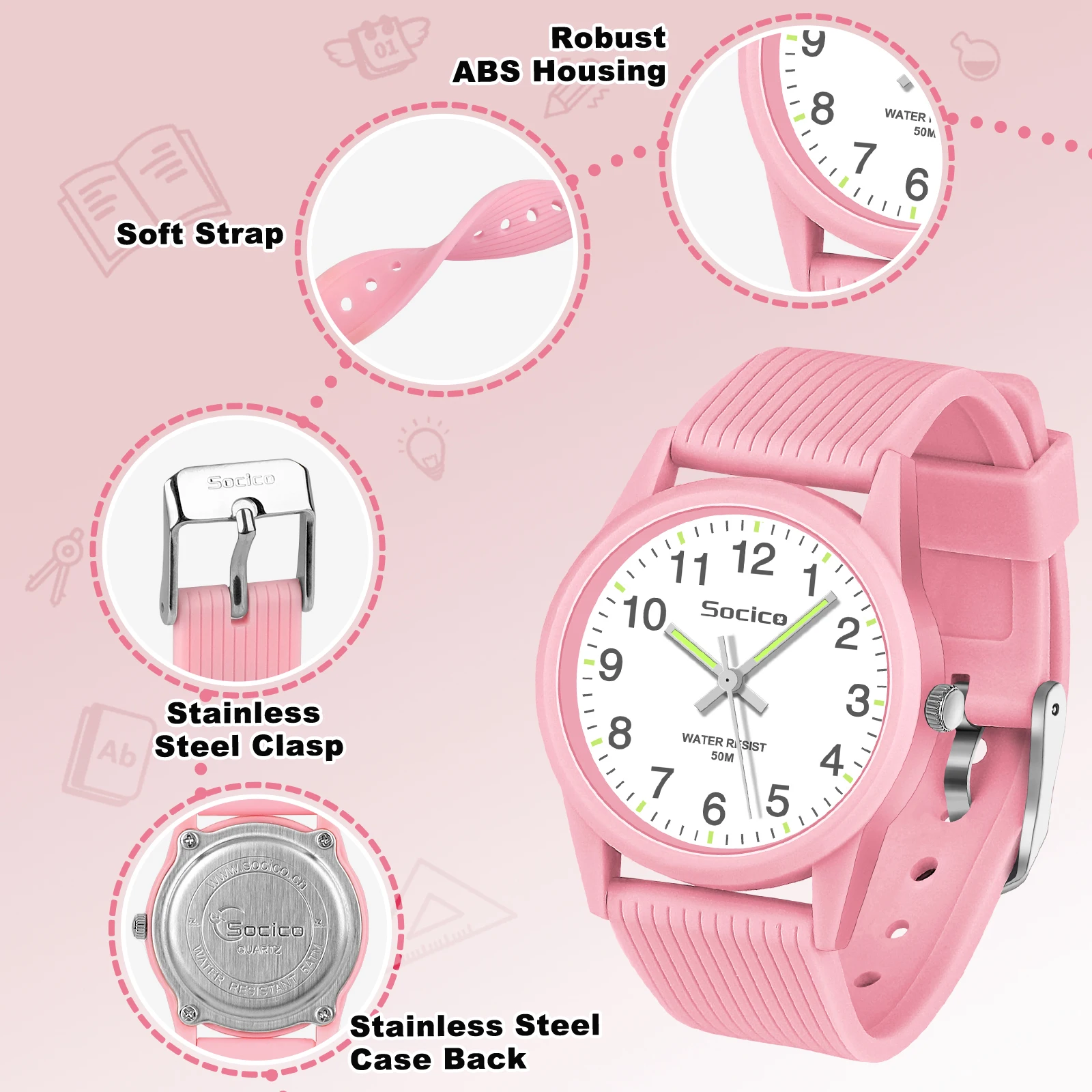 SOCICO Kids Analog Watch for Girls Boys, Easy to Read Learning Time Watch, 50M Waterproof, Soft Band Wrist Watch for Ages 4-12,