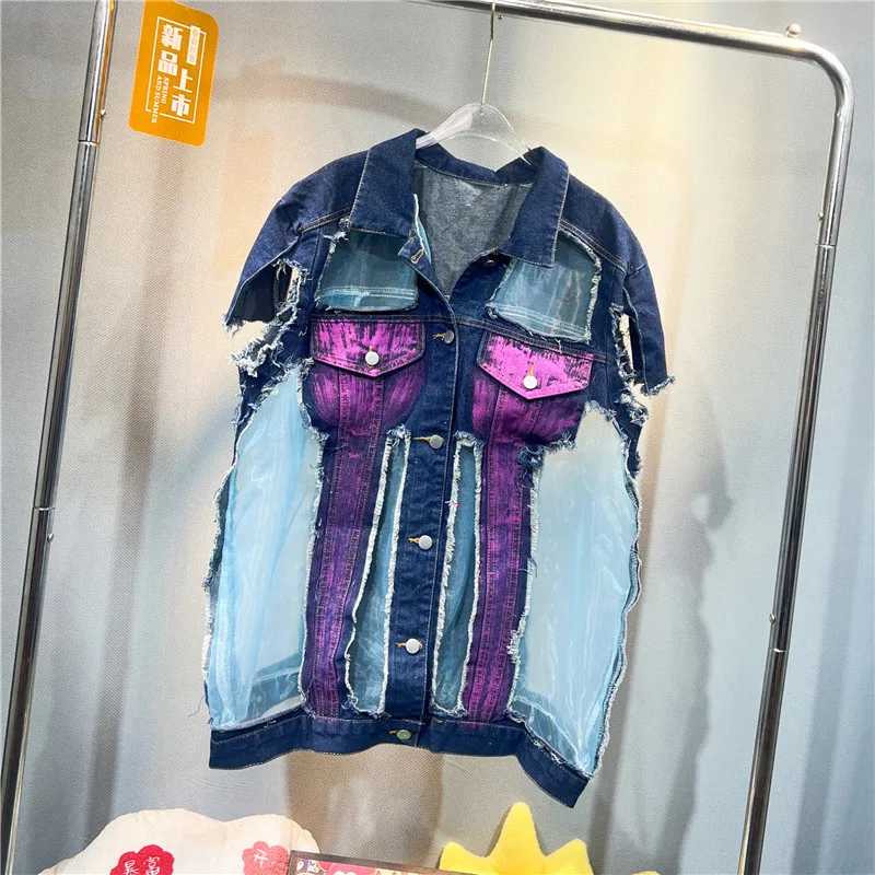 

Summer New Women Tie-dye Hand-painted Graffiti Printing Mesh Stitching Blue Denim Vest Casual Lapel Sleeveless Cowboy Waistcoat