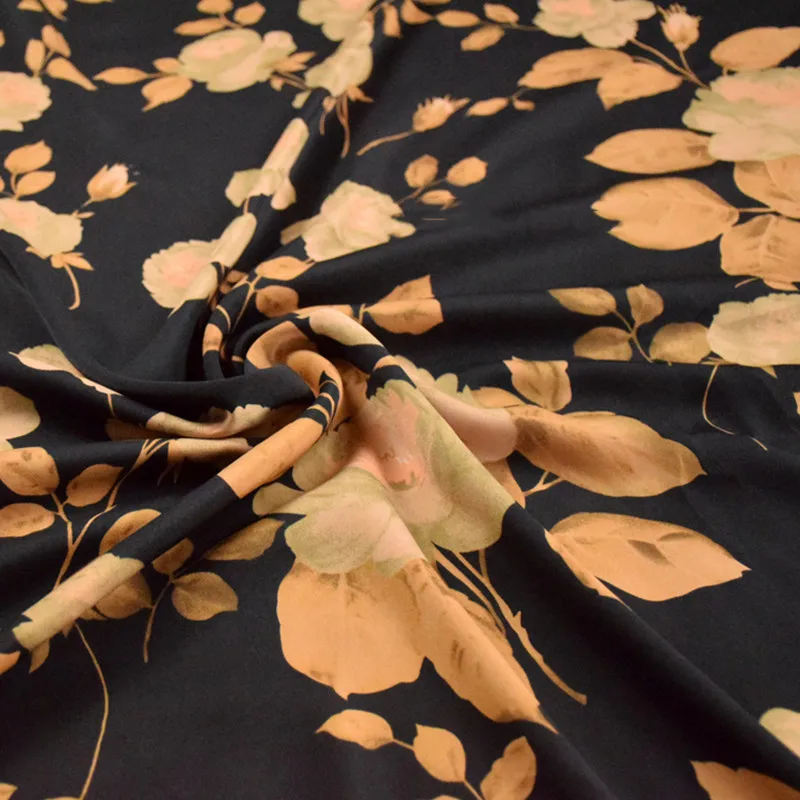 Chinese Wind Black Bottom with Big Flower Print, Elastic Plain Satin Fabric for Cheongsam Dress, T1888