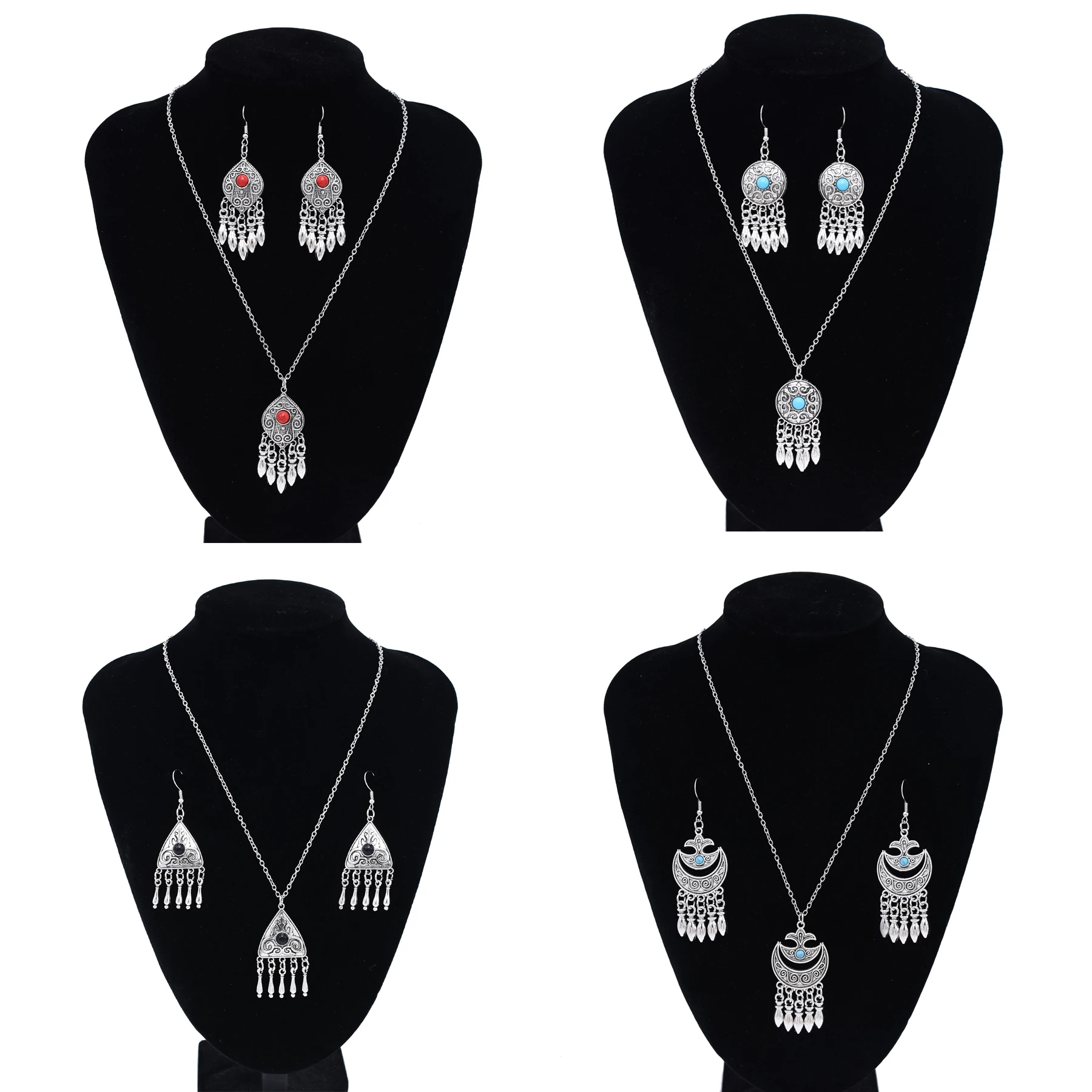 Vintage Kazakhstan Ethnic Necklace Earrings for Women Silver Color Alloy Round Triangle Moon Pendant India Nepal Jewelry Set