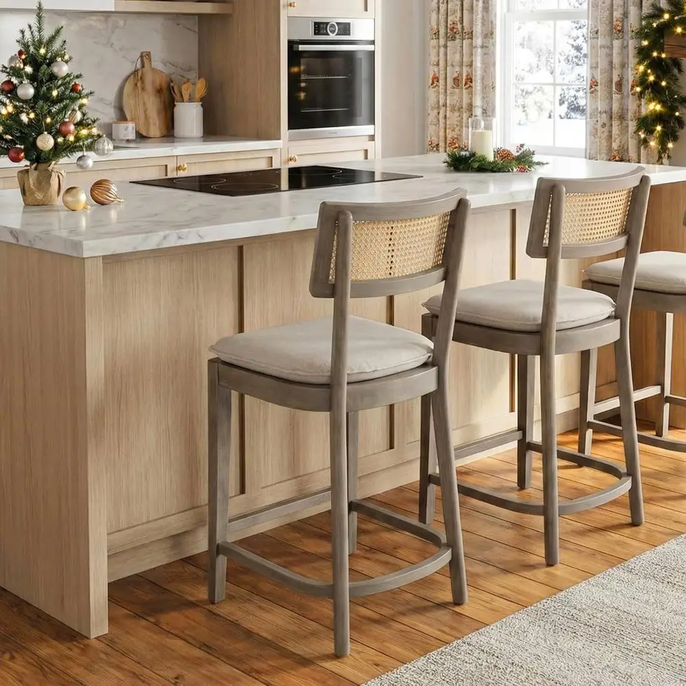 

Set of 2 26 Cane Back Upholstered Counter Height Bar Stools, Light Brown for Kitchen Island/Home Bar/Restaurant