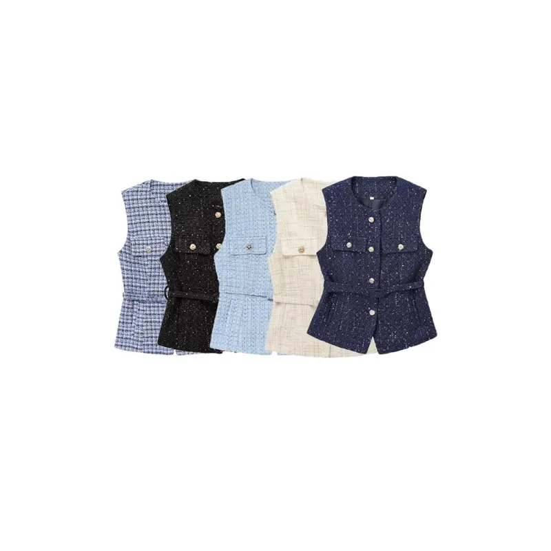 

Женский твидовый жилет с поясом, круглый вырез, без рукавов, пуговицы спереди, женская верхняя одежда, шикарные топы, мода