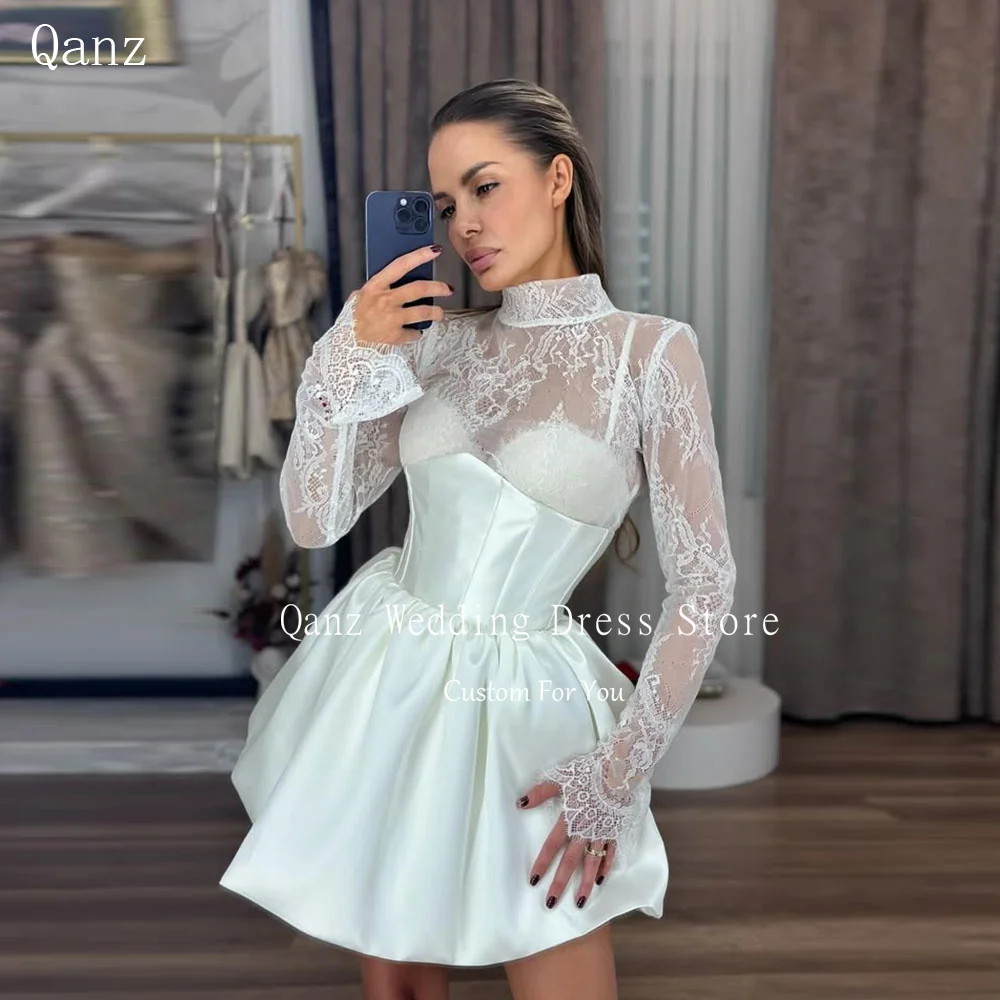 

Qanz 2-piece Set Short Wedding Party Dresses Long Sleeces Lace Vestidos De Novia Mini A Line Puffy Robe De Mariée Customized