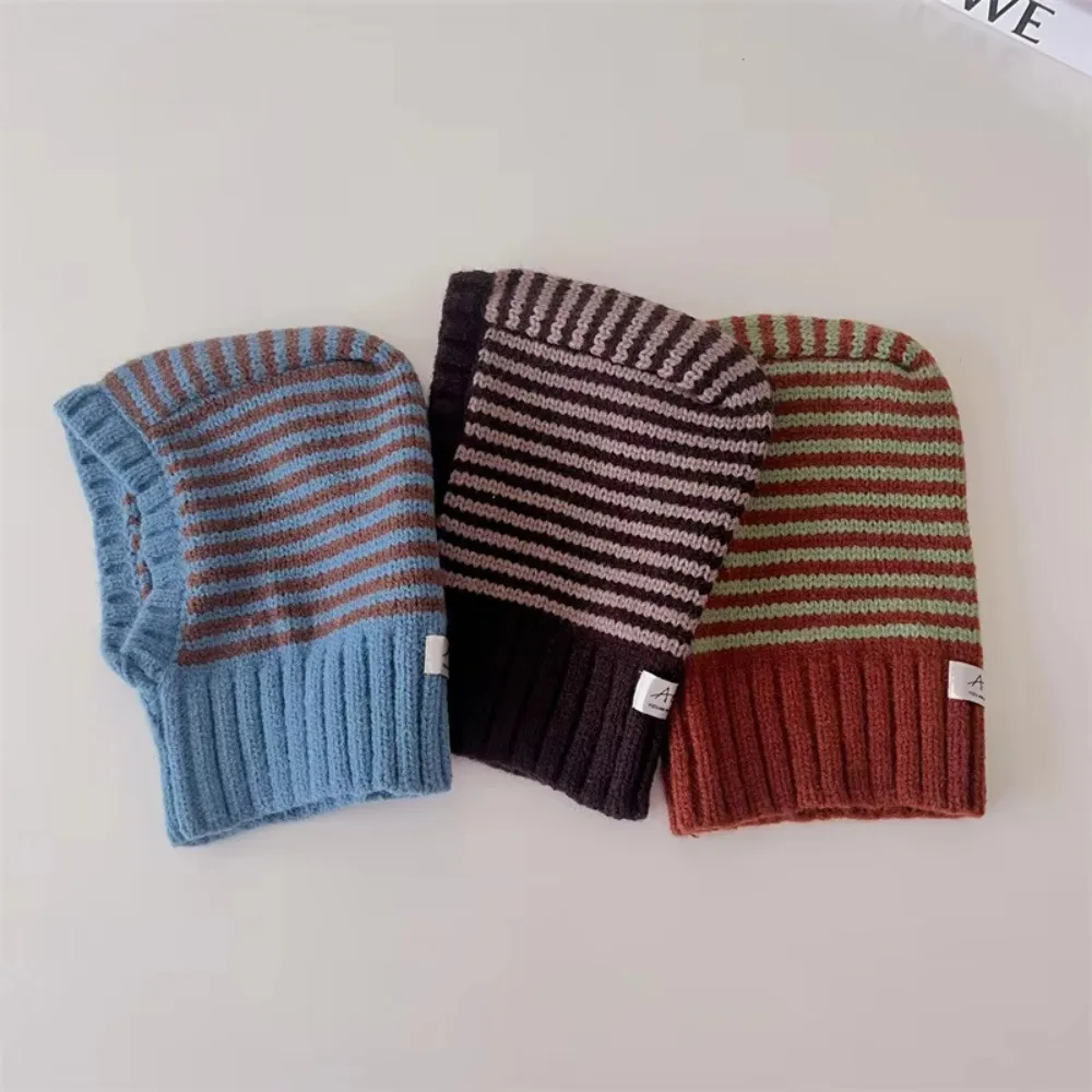 Striped Design Winter Kids Scarf Hooded Style Knit Material Knit Ear Protection Hats Balaclava Shape Ear Protection Caps