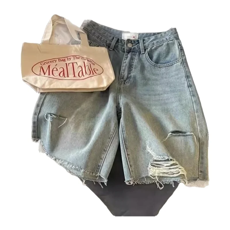 High Waist Straight Leg Thin Denim Shorts Women's Summer New Fashion Wide Leg Cotton Polyester Blend Comfortable Fit Shorts