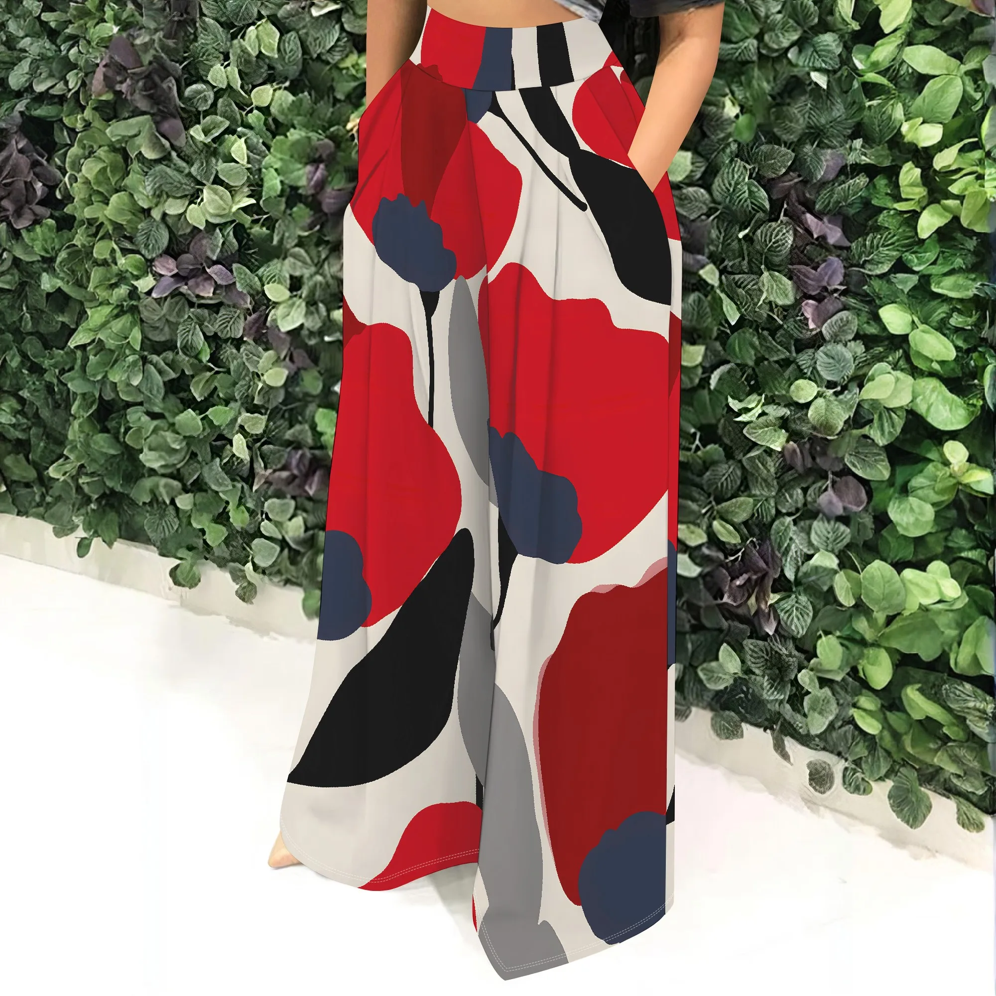 High Waist, Wide Leg Pants, Abstract Print, Casual Trousers, Pocket Design, Loose Fit, Daily Wear, Women S-2XL