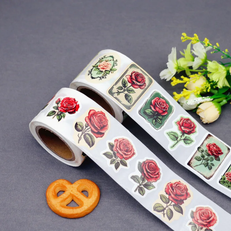 250 Pieces/Rroll Retro Red Rose Flower Pattern Decoration Roll Stickers Laptop Envelope Sealing Stickers
