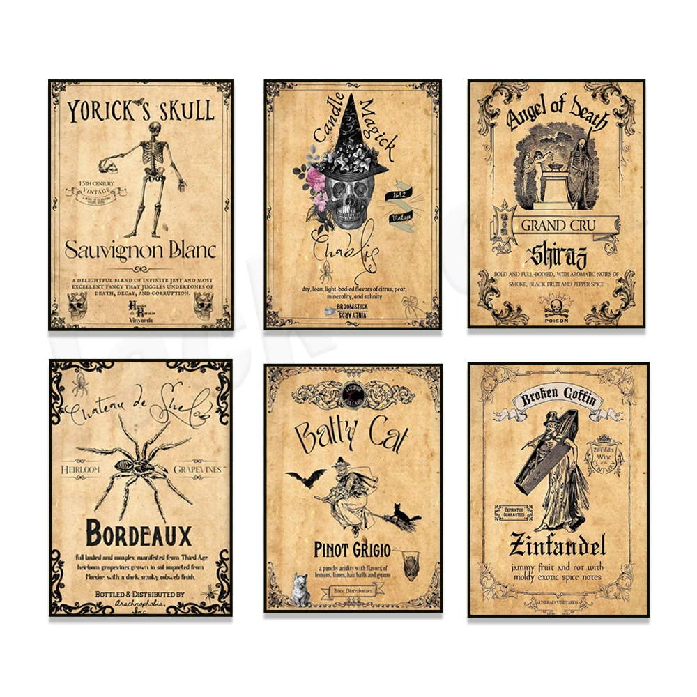 

Retro witch halloween poster, white wine label print, witch cat bat wine bottle, skull skeleton spider, gothic decoration