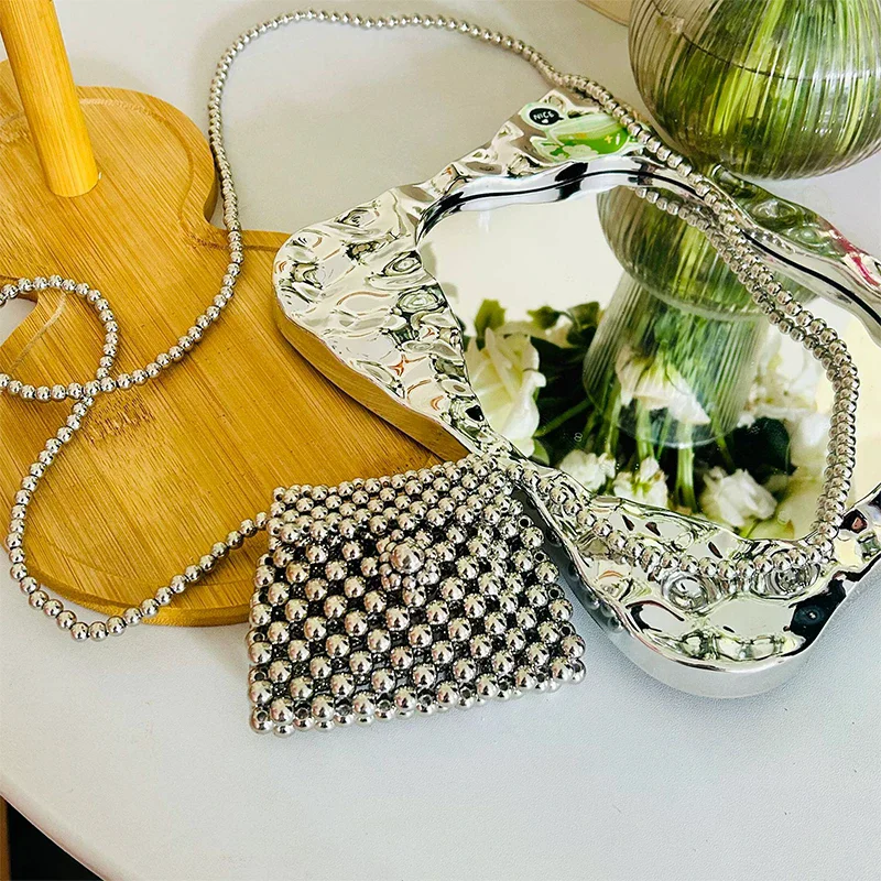 

1PC Metal Texture Beaded Flip Crossbody Bag Small Square Shoulder Purse Handmade Fashion Bag For Women Gift