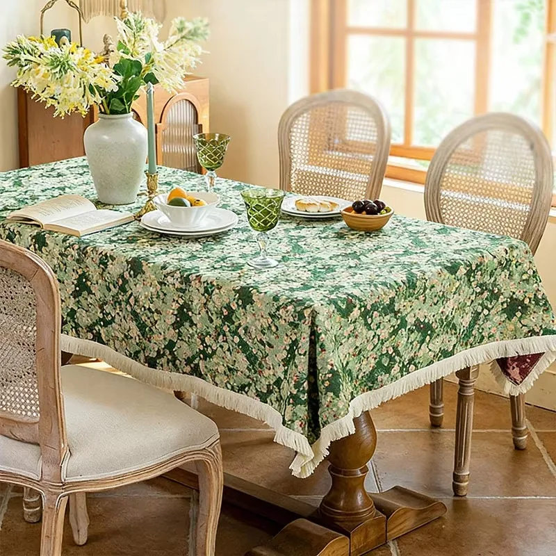 American Retro Yarn-dyed Jacquard Table Cover, Green Floral Pattern with Fringe for Rectangular Coffee & Dining Table