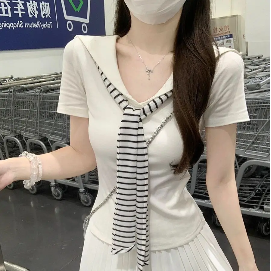 

Naval Collar Sa T-irt Women's Summer Faion High End Top College Sle Knitted ort Sve Polyester