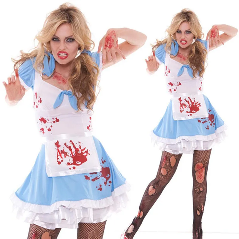 

Halloween Bloody Mary Vampire Costume Adult Women Cosplay Horror Bloody Alice Maid Fancy Party Dress Up Outfit