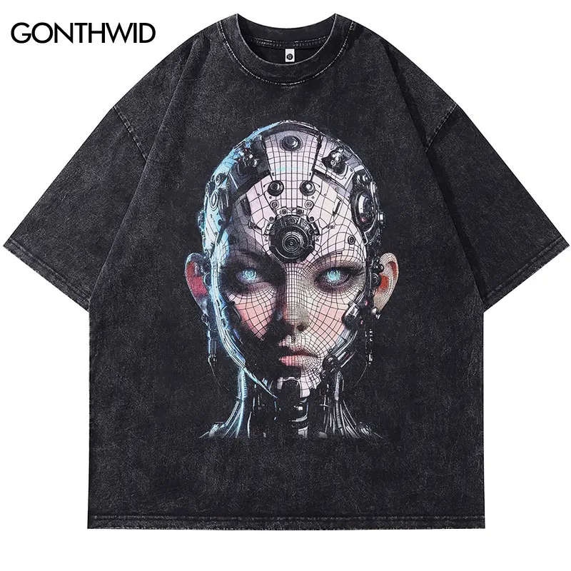 男性用レトロロボットプリントTシャツ,ウォッシュドブラックTシャツ,ヒップホップスタイル,パンク,ゴシック,ストリートウェア,ルーズコットン,原宿,ゴシック,ヴィンテージ,2024
