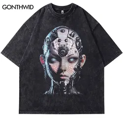 Men Vintage Tshirt Retro Robot Graphic Print Washed Black T-Shirt Hip Hop Punk Gothic Streetwear 2024 Harajuku Loose Cotton Tops