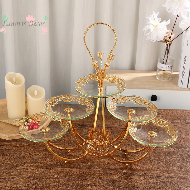 High-grade three-layer five-plate fruit basket, pattern decorative portable glass fruit plate, fruit plate handicraft
