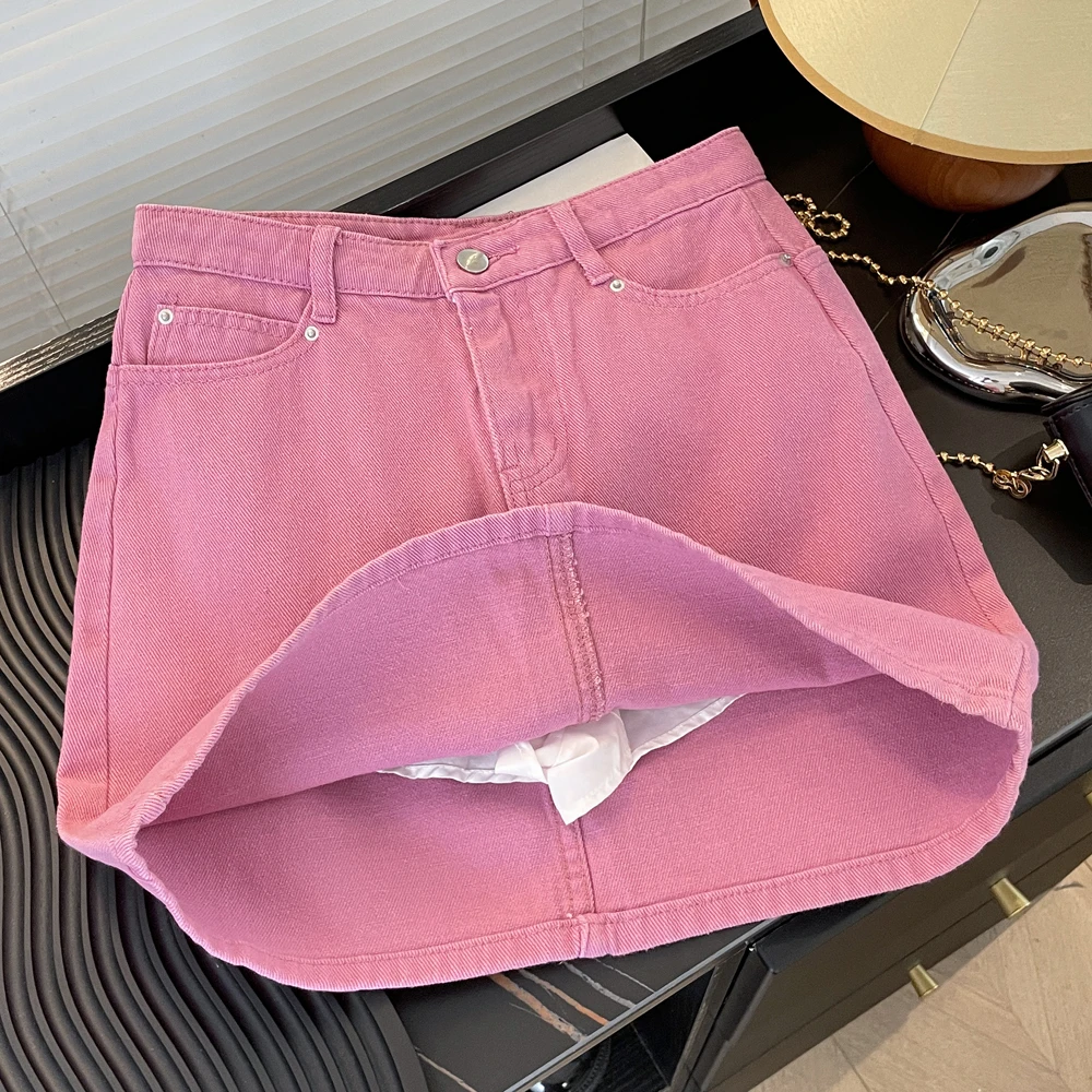 Red Heart Embroidery Denim  Skirt Women's High Waist Slimming A-Line Short Skirt Summer New Style Prevent Exposure