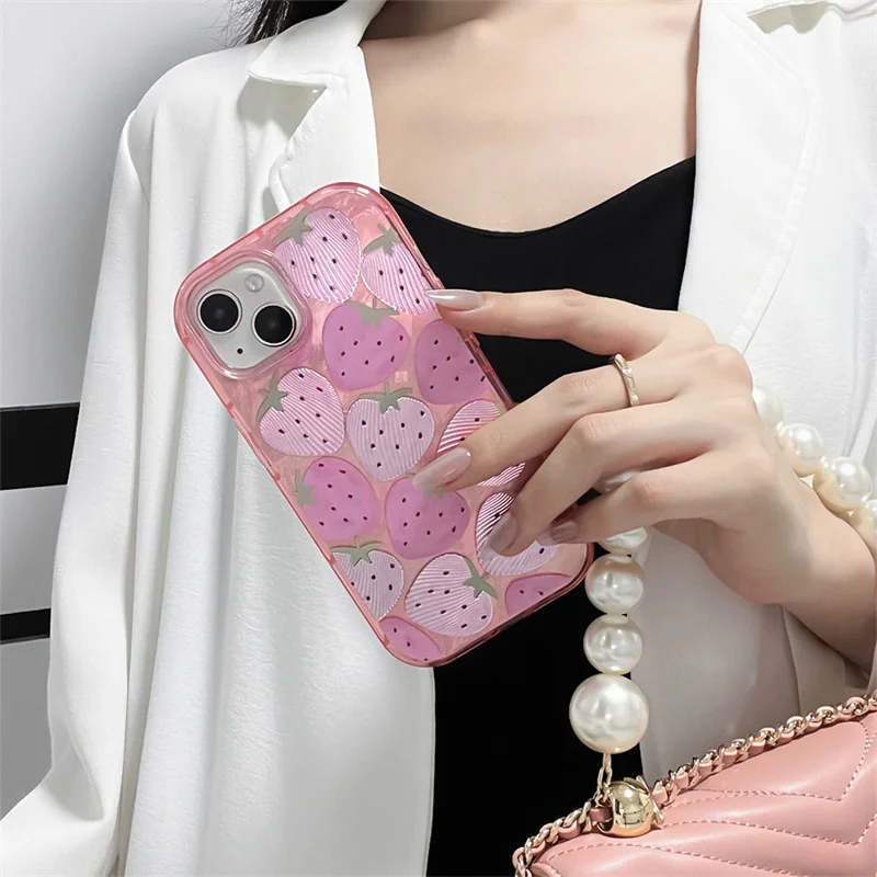 ピンクのストロベリーパターンの電話ケース,シルバーのモスリンデザインの電話ケース,iPhone 15,14,13 pro max,15pro用の素敵な保護ケース