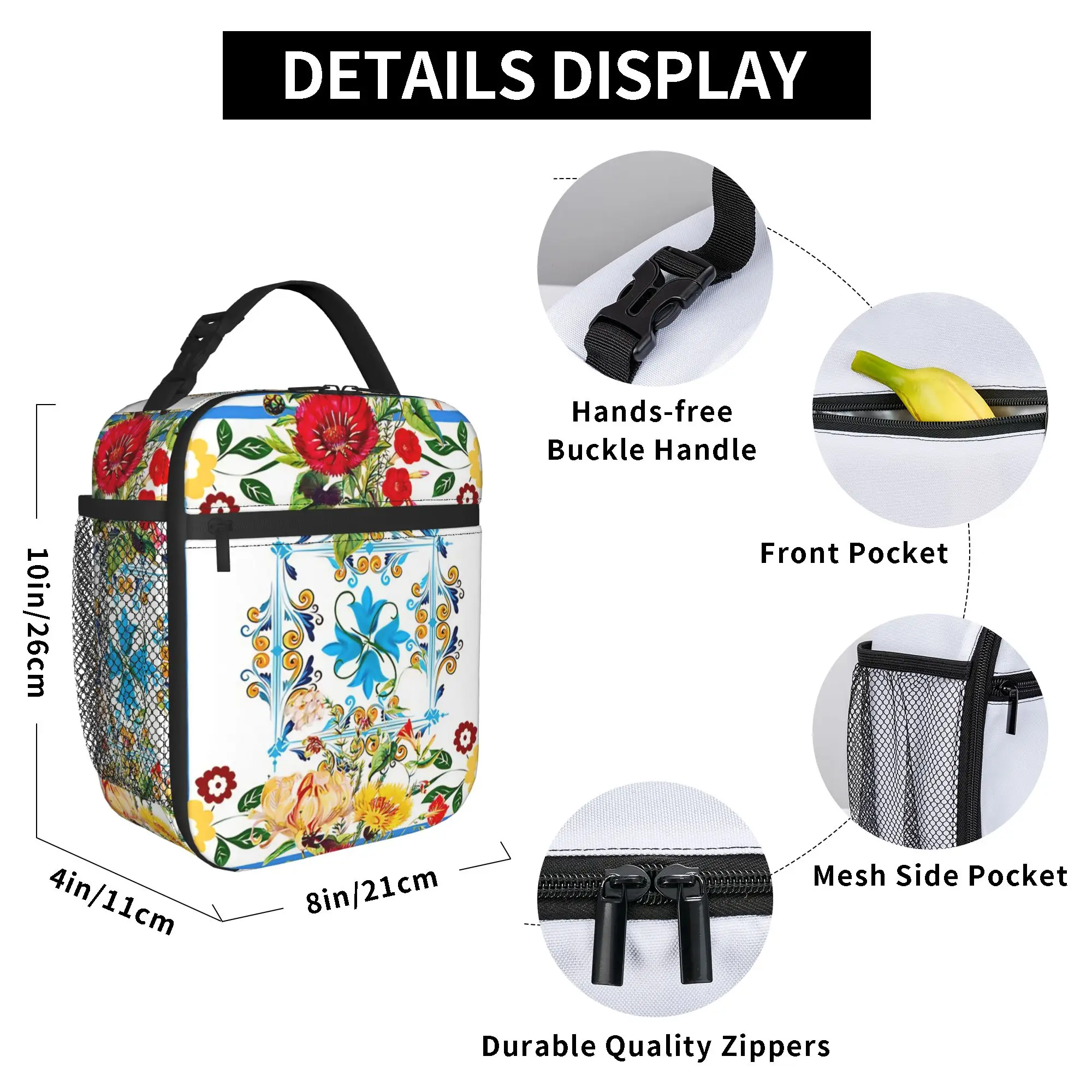Blue Ornate Floral Lunch Bag  Fashion Lunch Box For Unisex Picnic Portable Cooler Bag Oxford Print Thermal Lunch Bags