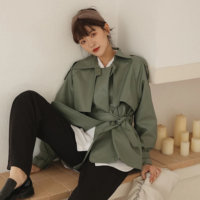 FTLZZ Spring Autumn 2022 Women New Casual Lapel Pu Jacket Coat Simplicity Loose Leather Jacket with Belt Office Lady