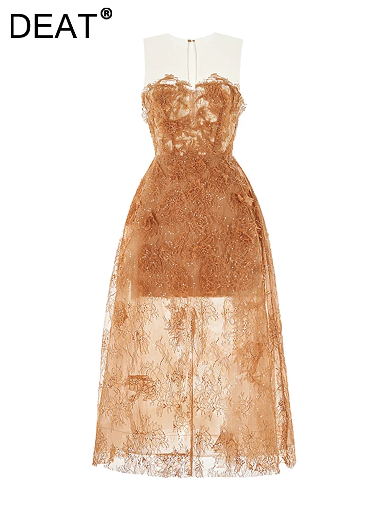 

DEAT Fashion Women Evening Dress Round Neck Sleeveless High Waist Embroidery Backless Mid-calf Dresses Summer 2024 New 13DB2155