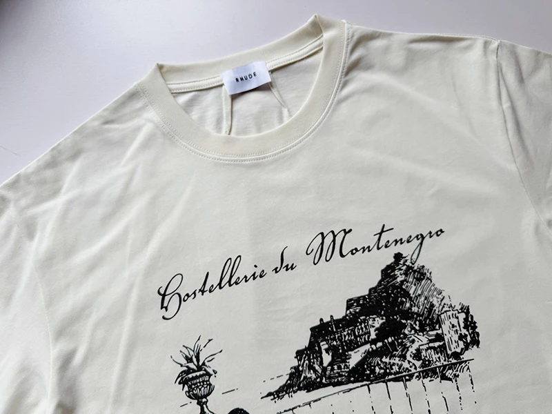 2026 New RHUDE Men's T-shirt Washed Aged Classic Landscape Sketch Print Loose Short Sleeve T Shirt