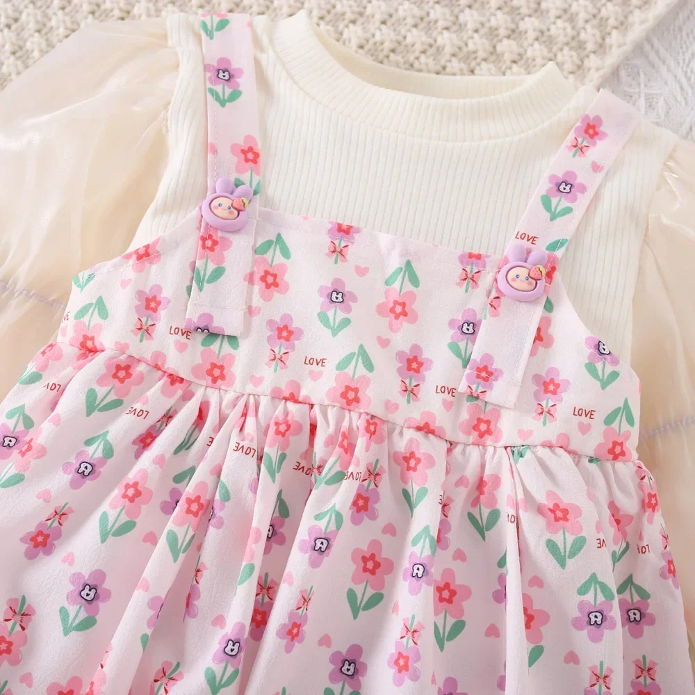 (0-3 Years Old Girls) Autumn/Winter New Girls\' Dress A-line Dress Fake Two Splicing Suspenders Bubble Long Sleeve Round Neck