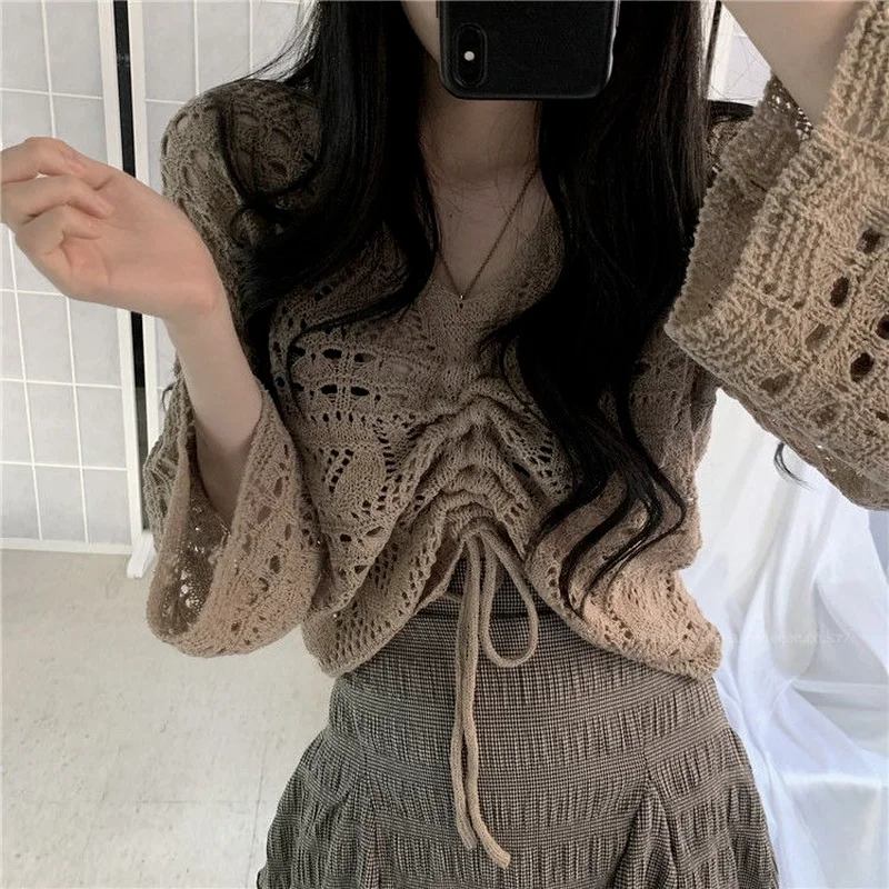 Pullover Women Hollow Out Design Sexy Tops Autumn Woman Korean Fashion New Streetwear All-match Loose Khaki V-neck Simple Chic