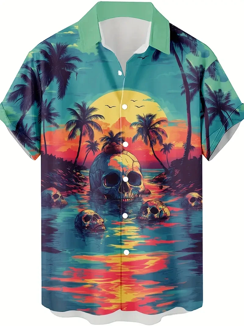 New Gothic Men's Shirt Sunset Palm Skull Tropical Print Camp Collar Short Sleeve Light Fabric Island Trip Male Outfits