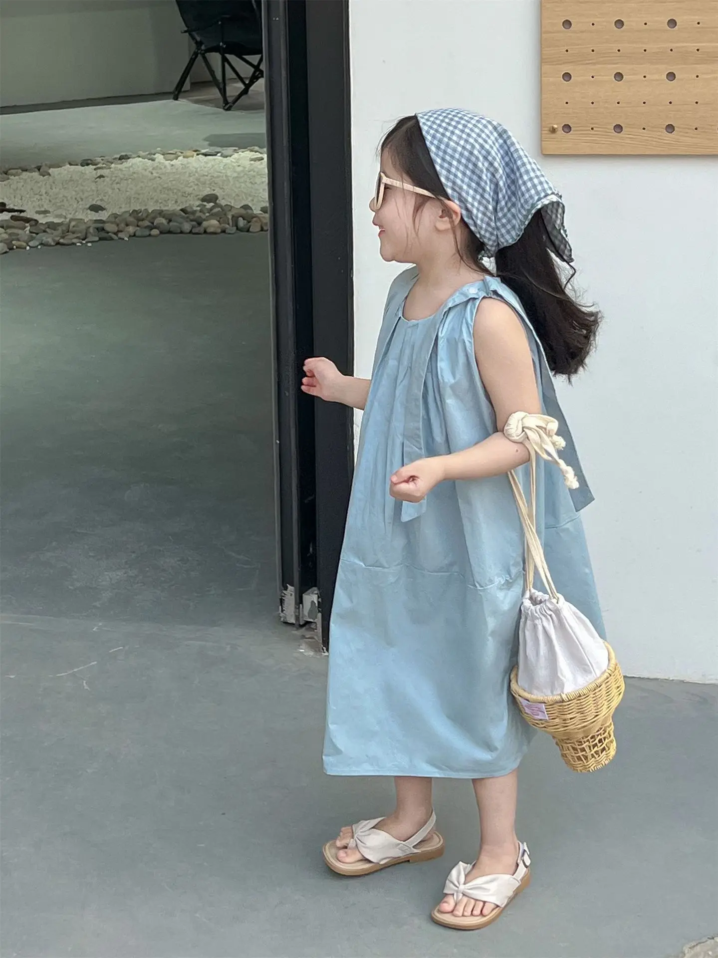 2024 Summer Korean Childrens Wear New Product Girl Style Tank Top Dress Fashionable Sleeveless Blue Gentle Dress