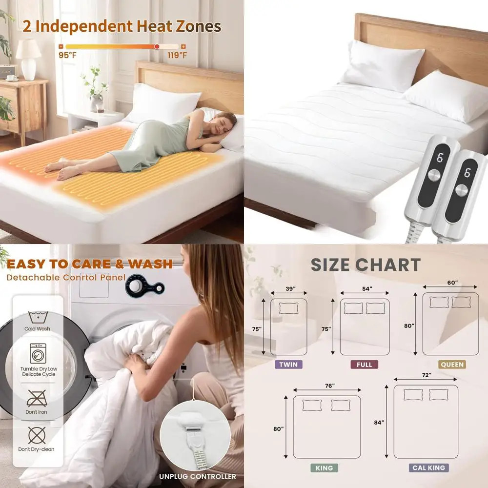 

Матрас King Size с электрическим подогревом и стеганым дизайном, двойным управлением, 6 уровней нагрева, 10-часовой таймер, 17 глубоких карманов, стиральный