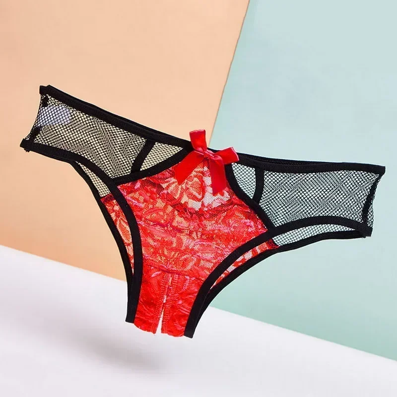 Strings en dentelle à entrejambe ouvert pour femmes, slips bas, culottes à la taille, strings en G transparents, sous-vêtements monochromes avec nœud papillon