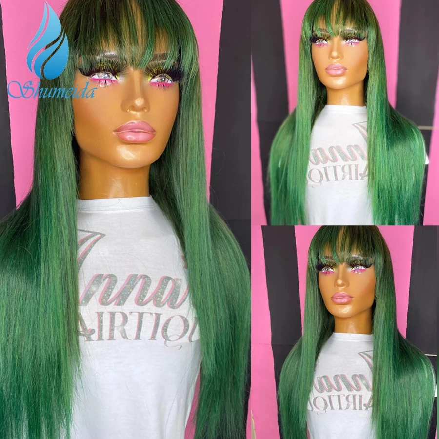 Shumeida Green Color 13*6 Lace Front Wigs with Bangs Brazilian Remy Straight Human Hair Wigs Baby Hair Pre Plucked