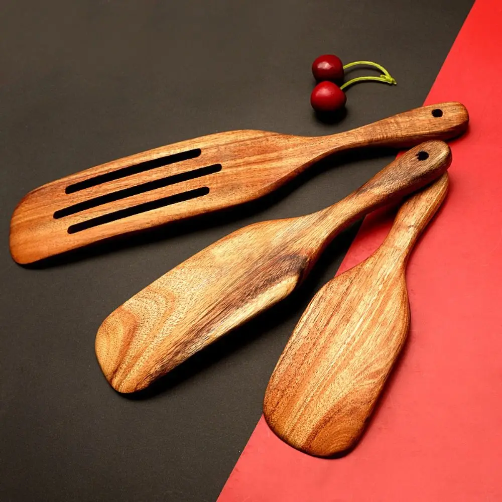 

Teak Wood Wooden Spatula Non-Stick Heat Resistant Sourdough Spurtle Slotted Design Long Handle Steak Shovel Wok Cooking